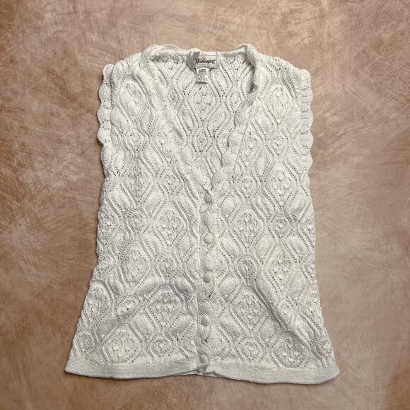 Vintage 90s Worthington Crochet Knit Sleeveless Cardigan White Button Up Cottage - Picture 1 of 6